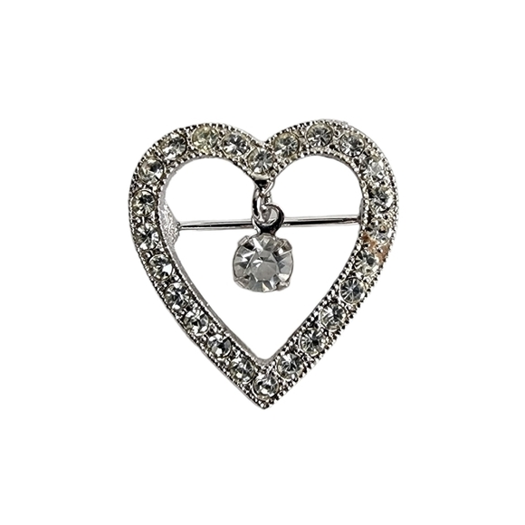 Vintage Heart Brooch Dainty Rhinestone Silver Tone Small Lapel Pin - Picture 1 of 4